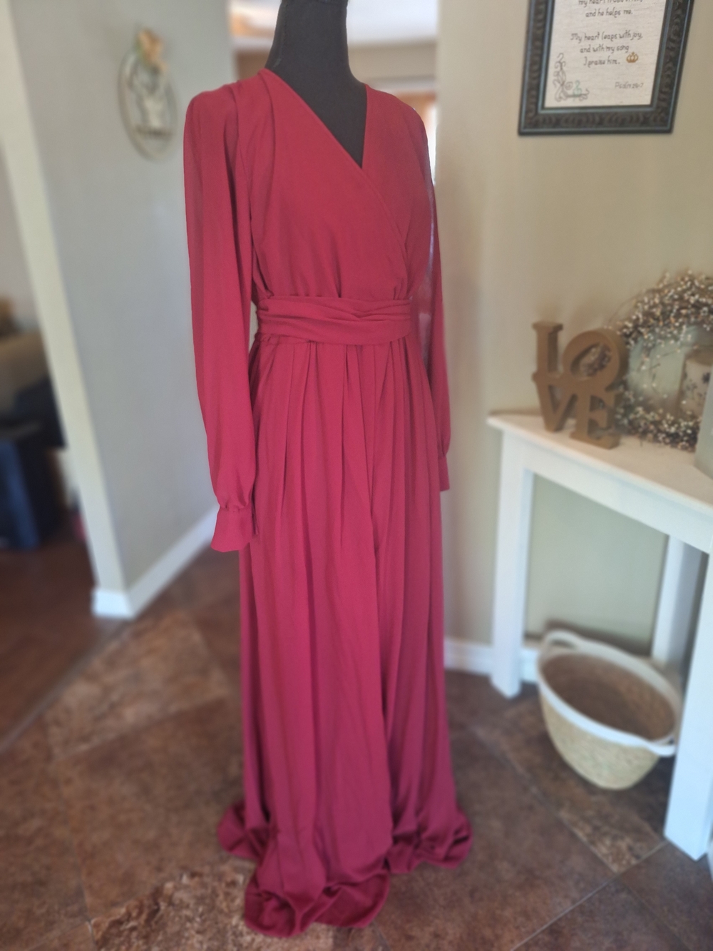 Elegant Women's Long Sleeve Wrap Maxi Dress - Deep Wine